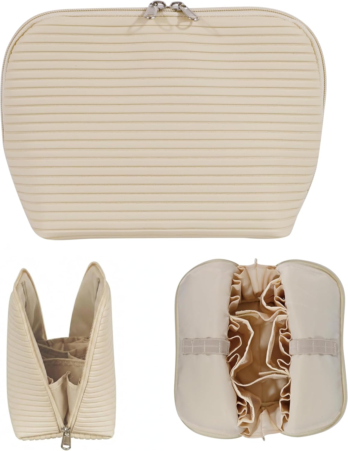 Travel Makeup Bag - Waterproof Cosmetic Organizer with Brush Holders | Fold-Down Design for Skincare & Toiletries (Beige, Medium)