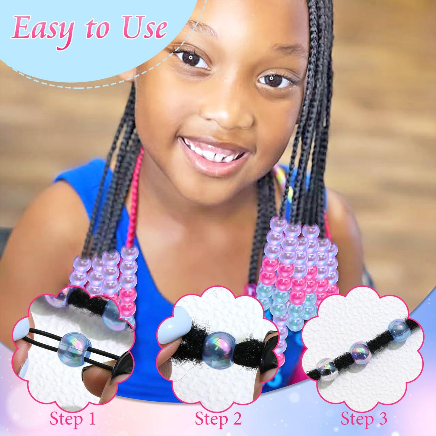 VENOFEN 60PCS AB Hair Beads Spacer Round Braids Bead with Large Hole Blue&Purple&Pink Pony Bead Loc Dreadlock Jewelry Kids Girls Hair Decoration Accessories