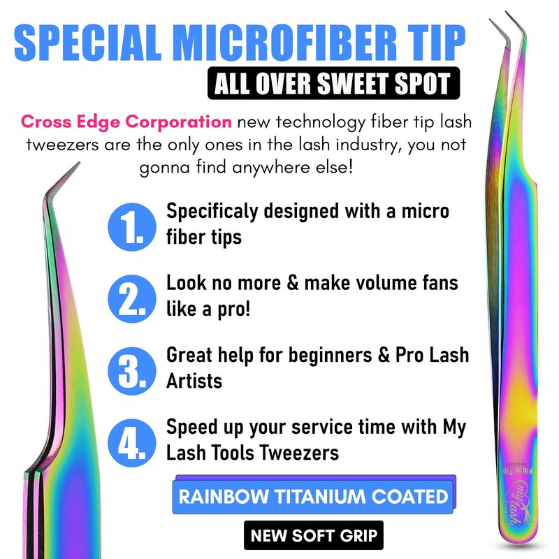 Fiber Tip Lash Tweezer for Eyelash Extensions – Curved 45 Degree Volume Tweezers for Women, Precision Stainless Steel, Professional Non Slip Grip for Classic, Volume & Mega Volume Fans (Rainbow)