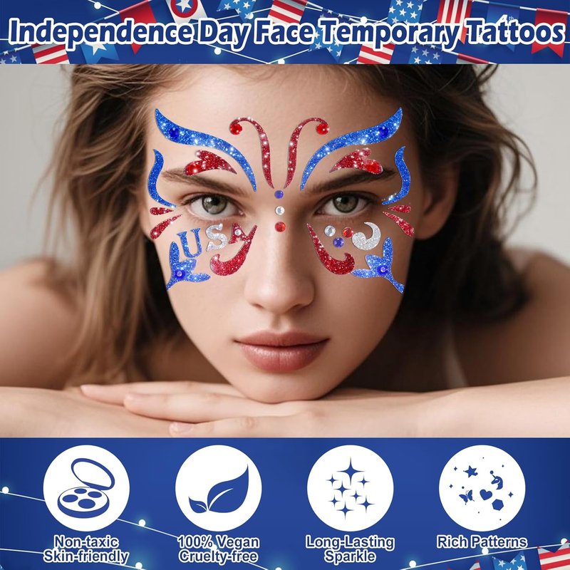 Independence Day Temporary Tattoos - 6Pcs Red, White & Blue Glitter Face Stickers | Self-Adhesive Star Art for 4th of July