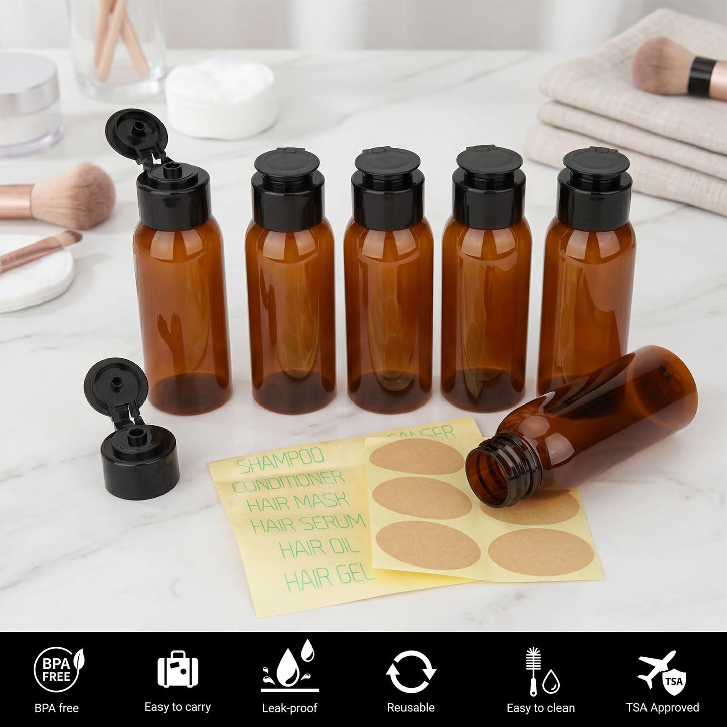 Decorniqu 6 Pack 3.4oz Travel Bottles for Toiletries Leak Proof Travel Size Toiletries Wide Mouth Containers TSA Approved Squeeze Bottles with Flip Cap for Shampoo Conditioner Body Wash Lotion(Brown)