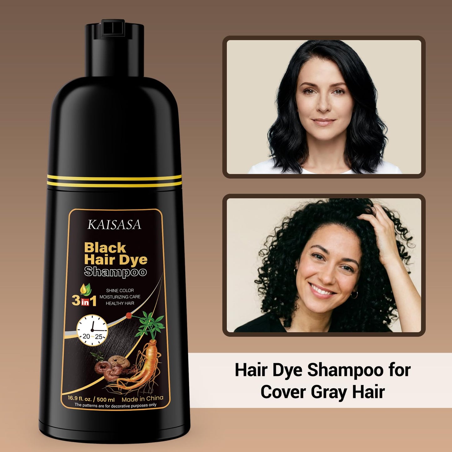 IIIMEIDU Hair Dye Shampoo for Gray Hair Coverage, 3 in 1 Natural Black Dye for Women Men, 500ml