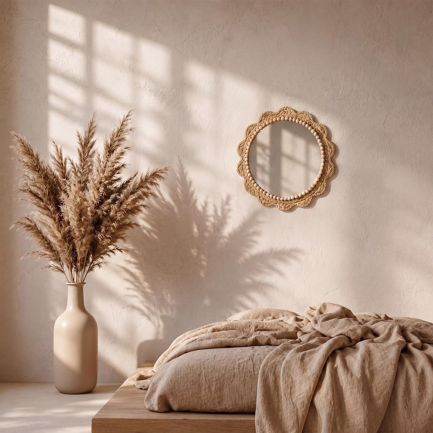 Glooglitter 15 Inch Boho Scalloped Wall Mounted Mirror Decorative Circle Wavy Rattan Hanging Mirror Farmhouse Wicker Wall Decor for Farmhouse, Bathroom, Living Room, Bedroom, Nursery, Entryway Decor