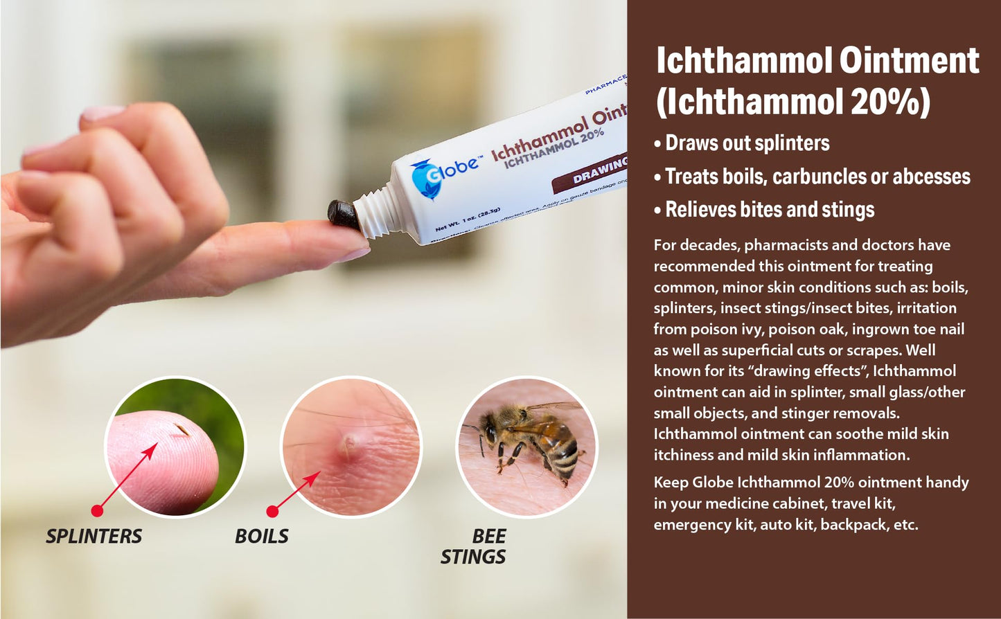 Globe Ichthammol Ointment 20% (Drawing Salve) 1 OZ - Soothing Skin Relief, Treatment of Eczema, Acne, Boils, Splinters, Bee Stings - Maximum Strength