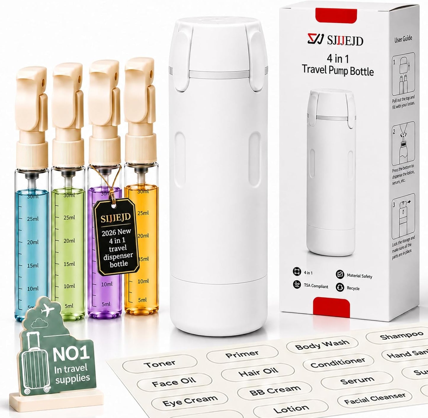 Travel Dispenser Bottle - 4-in-1 Leak-Proof TSA Approved Toiletry Container | Portable Hard Shell with Scale & Labels (White)
