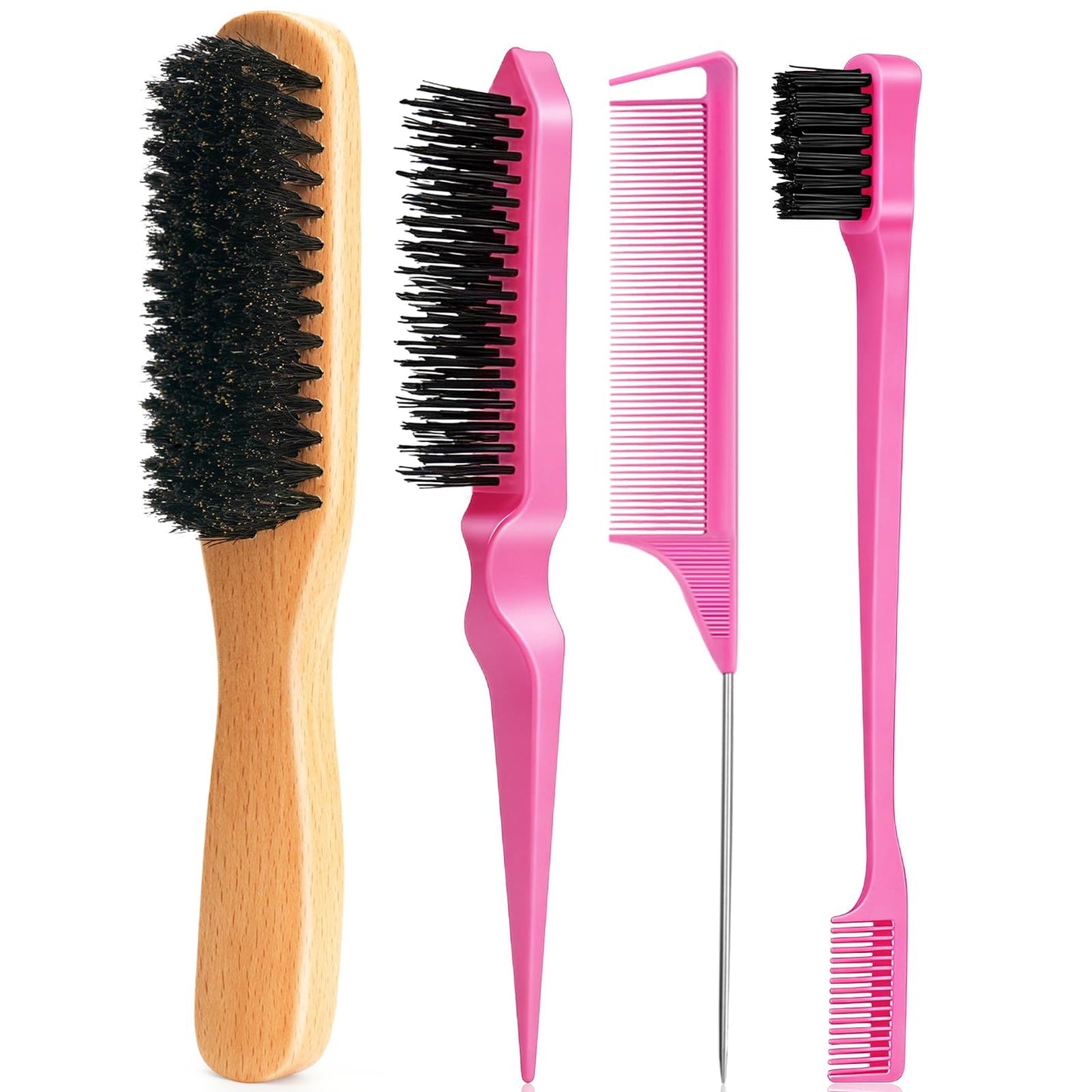 Boar Bristle Slick Back Hair Brush for Smooth Flyaways, Frizz, Sleek Ponytail, Buns and Edge Baby Hair, Teasing | Hair Comb, Edge Brush, Teasing Brush Styling Accessories for Girls, Kids, Women & Men