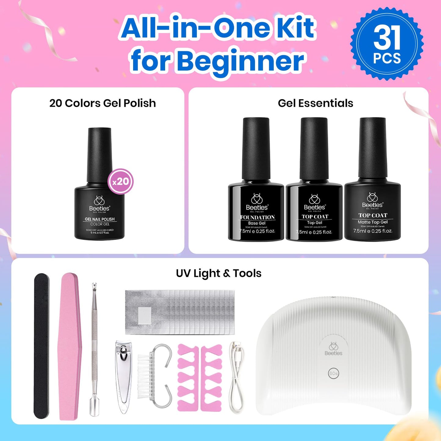 Beetles Gel Nail Polish Kit with UV Light - 31Pcs Nail Polish Set Popular Color Gel with Base and Matte&Glossy Top Coat Soak Off All Season DIY Manicure Kit Art Gifts for Women