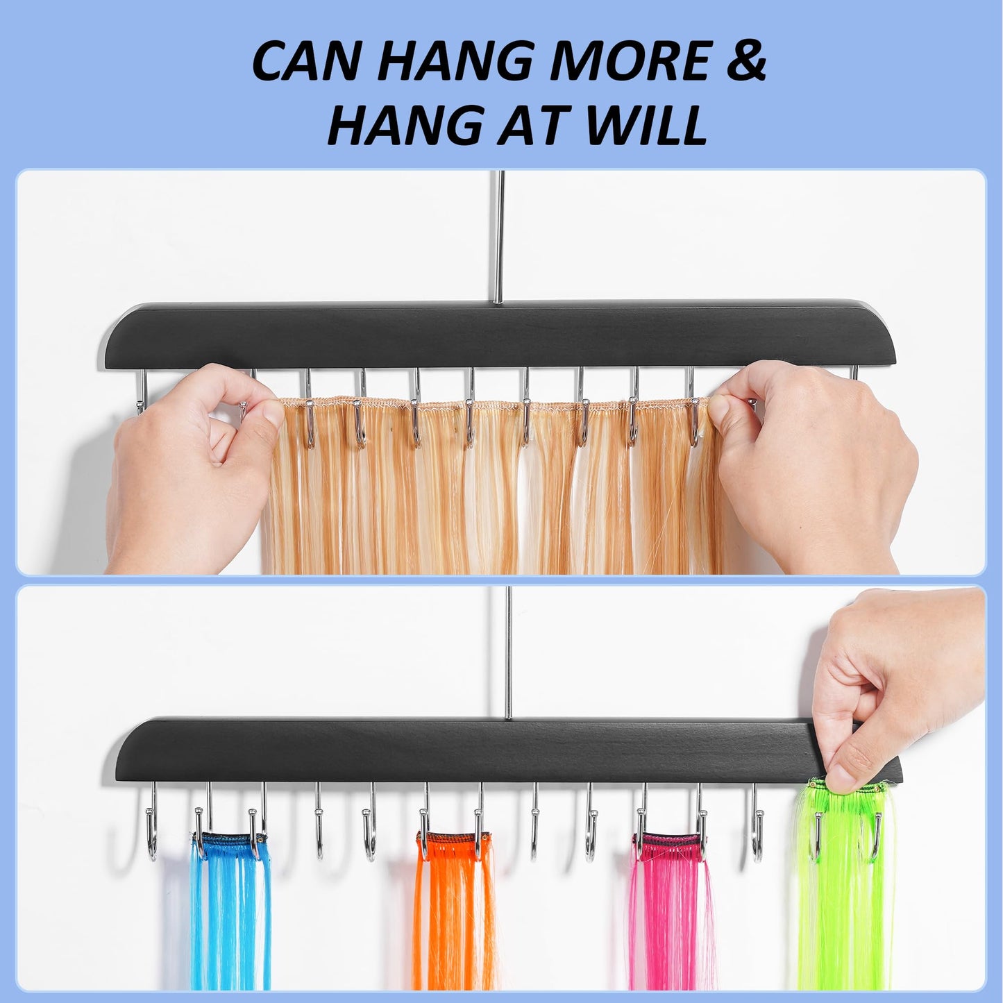 1 Pack Hair Extension Hanger with Clear Dustproof Bag, 14 Hooks Weft Organizer, Tangle-Free Storage Rack for Styling, Washing, Drying (23.6x17.7inch)