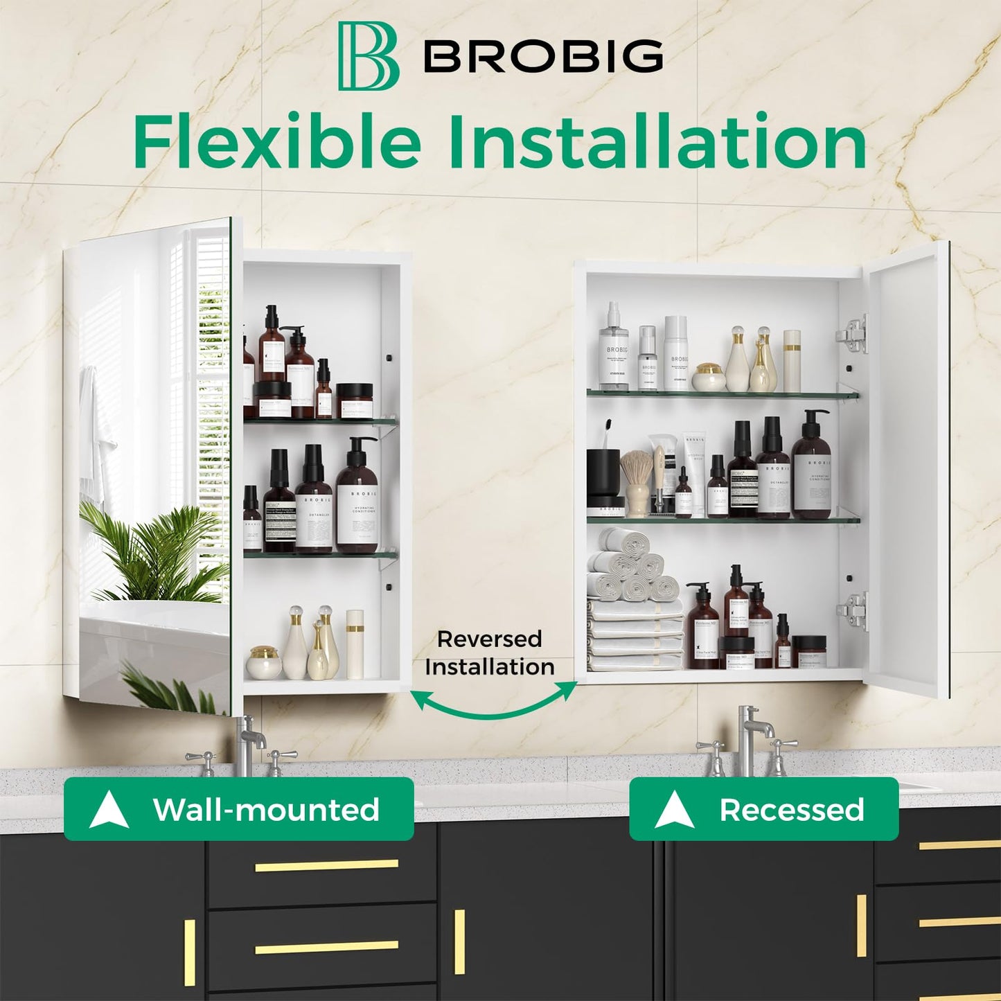 BROBIG 20 x 26 Medicine Cabinet Mirror, Moisture-Proof Aluminum Bathroom Medicine Cabinet with Mirror, Bathroom Mirror Cabinet with Adjustable Shelves, DTC Hinges, Recessed/Surface-Mounted