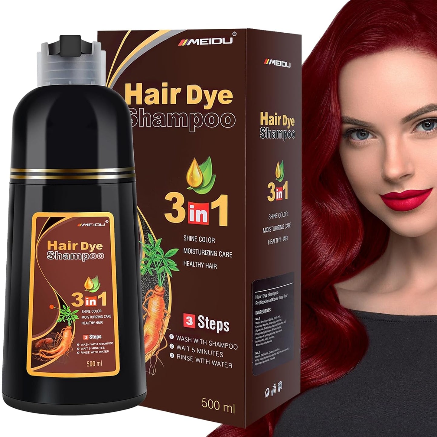 Black Hair Dye Shampoo - 3 in 1 Semi-Permanent Gray Coverage for Color-Treated Hair | 500ml