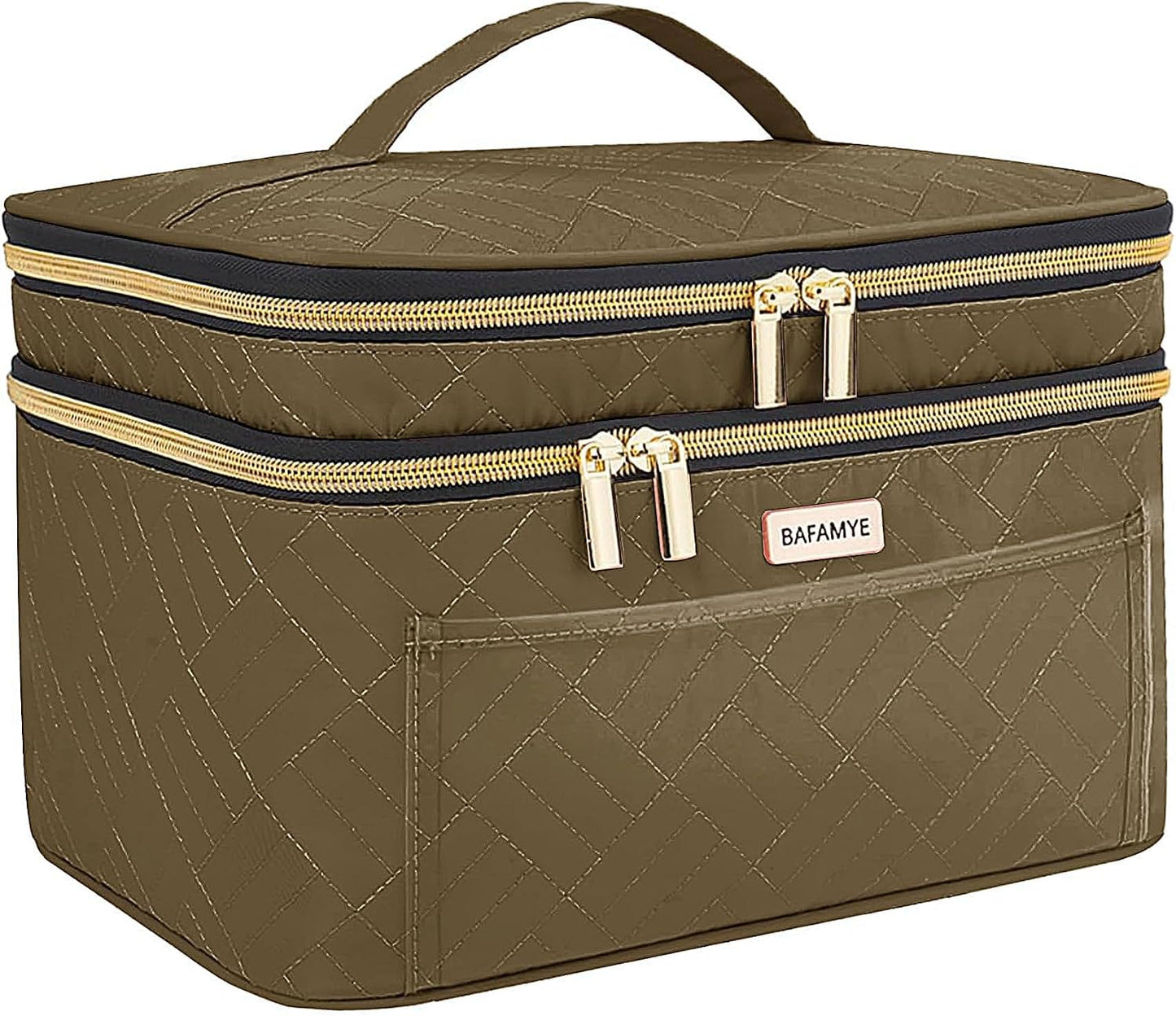 Double Layer Travel Makeup Bag With Mirror - 8.8L Large Cosmetic Organizer for Women | Brown