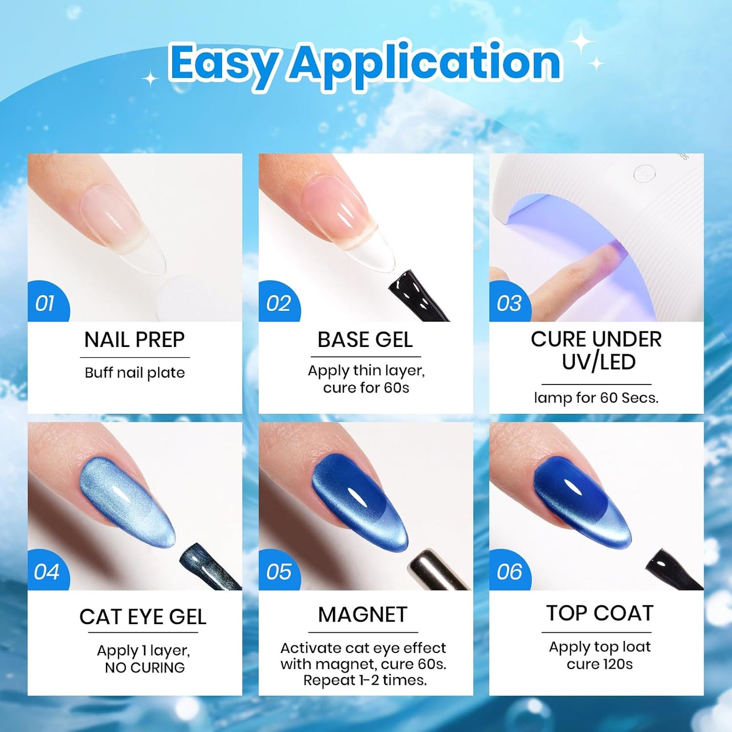Beetles Cat Eye Gel Nail Polish Set - 6 Summer Glitter Colors | Mint Green, Icy Blue, Teal, Sapphire, Navy, 3D Shimmer Effect
