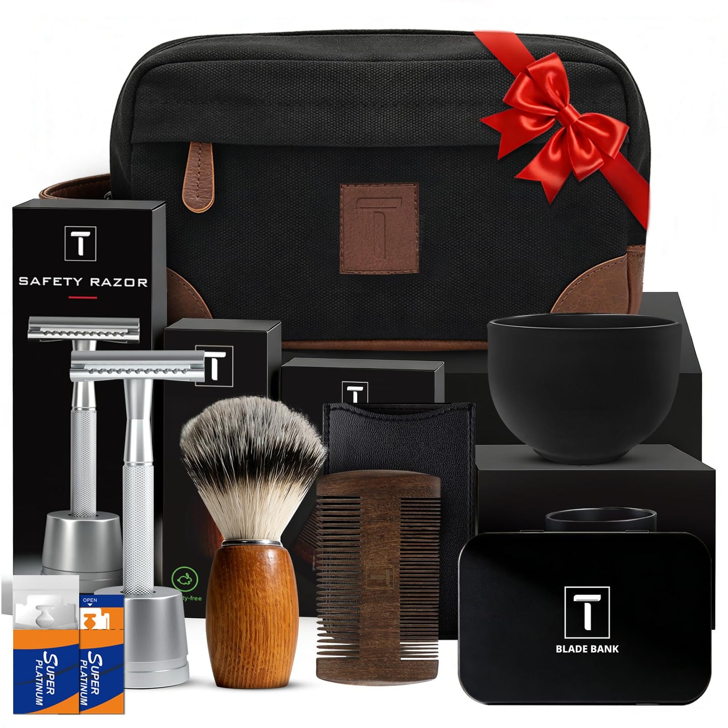THURLADY Shaving Kit Gifts for Men, Single Blade Safety Razor Kit, Includes Safety Razor, Double Edge Blades, Blade Container, Razor Stand, Shaving Brush & Bowl, Beard Comb, Travel Toiletry Bag