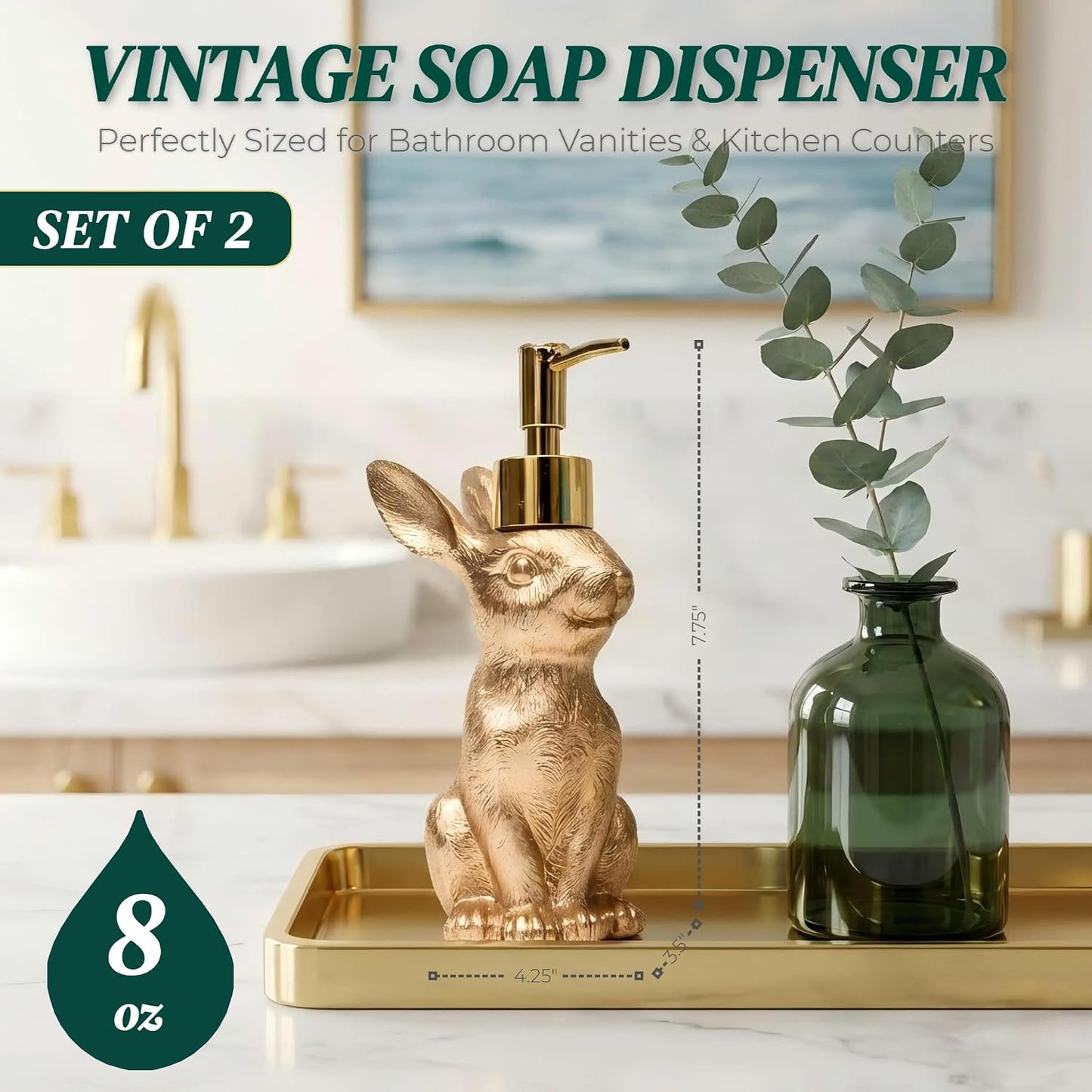 Gold Bunny Soap Dispenser Set - Vintage Rabbit Hand & Dish Soap Dispensers for Kitchen & Bathroom | 8oz Rust-Proof Resin Statues