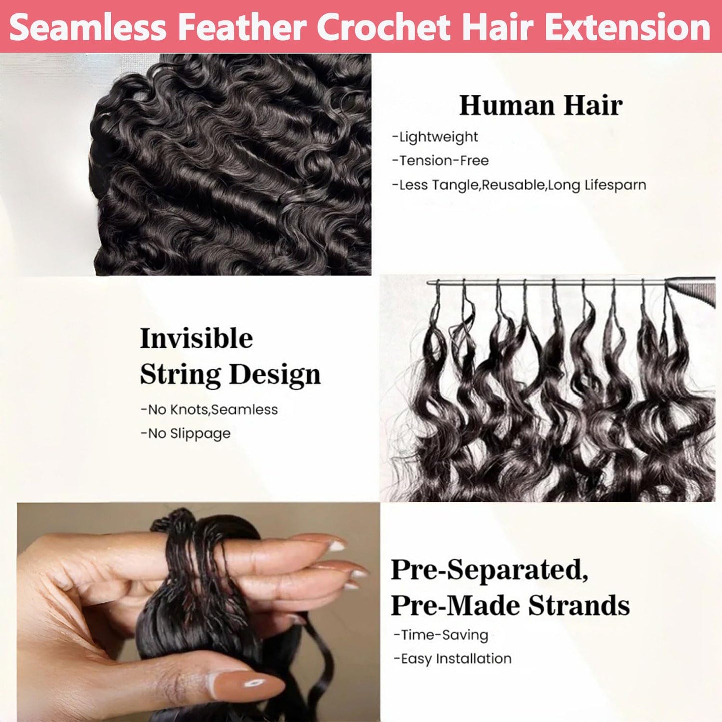 Crochet Hair for Black Women Pre-Separated Human Crochet Hair Water Wave Crochet Human Hair Extensions Curly Feather Crochet Human Hair (#1B-50g, 18 Inch)