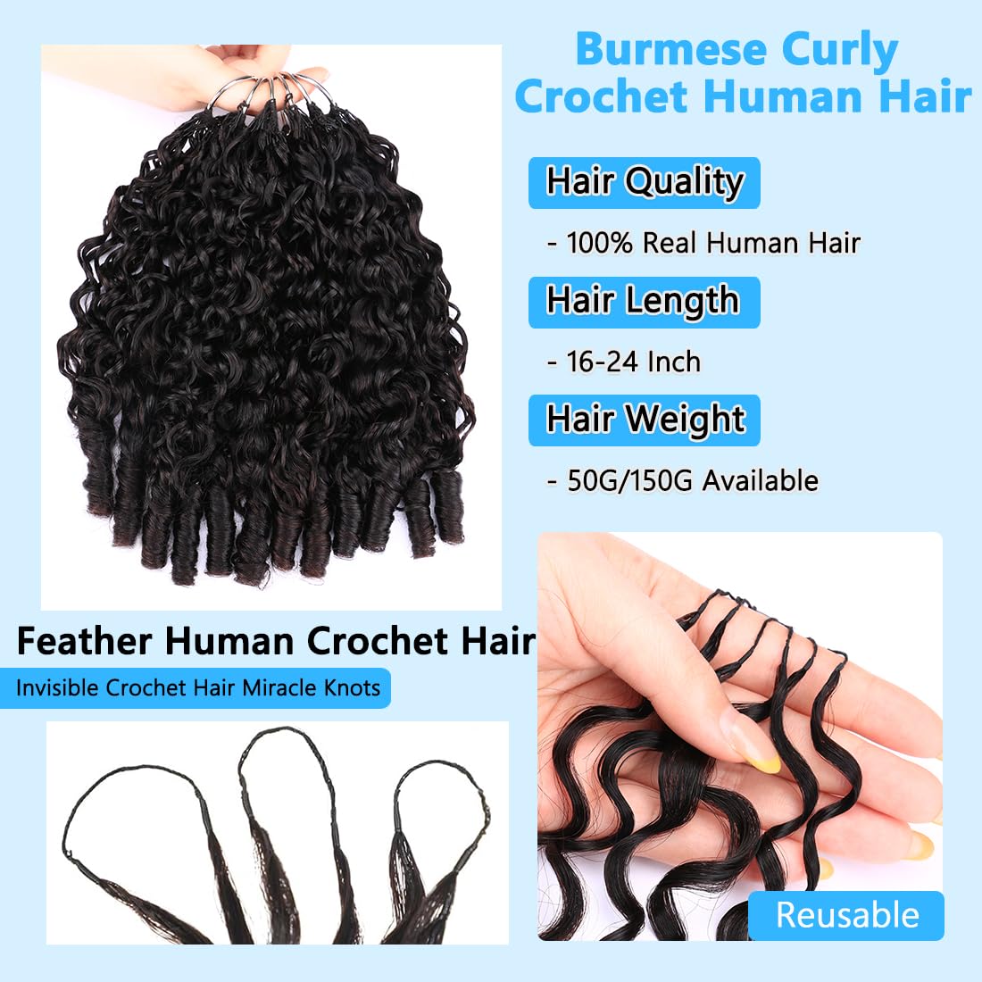 Human Crochet Hair for Black Women 18 Inch 50g Pre-Separated Burmese Curly Feather Human Hair Bundles Invisible Miracle Knots Lightweight Crochet Human Hair Extensions Natural Black