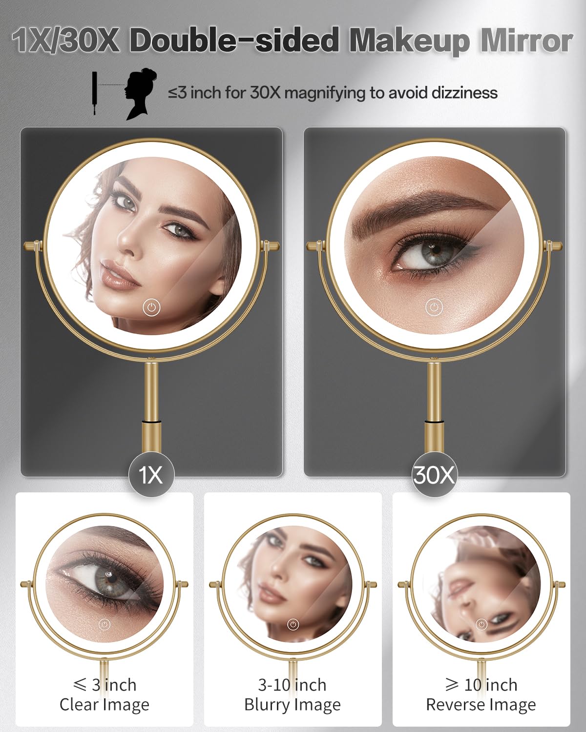 VFD 8'' 30X/1X Magnifying Makeup Mirror with Lights Height Adjustable