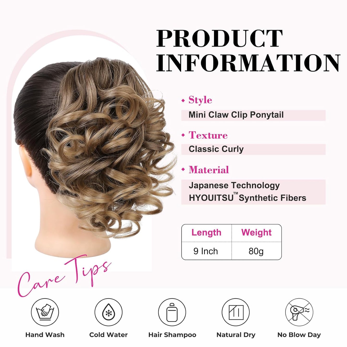 Ponytail Extension - 9" Claw Clip Short Curly Wavy Hairpiece | Dark Ash Blonde with Golden Ends