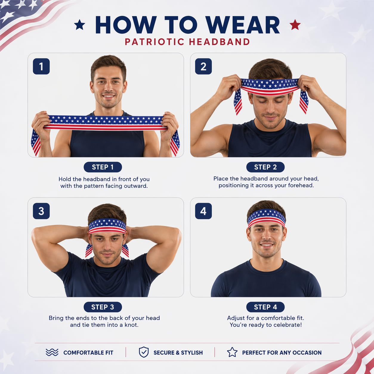 LEJOJOIN 2PCS American Flag Bandana Headbands USA Patriotic Headband for Men Women Perfect Match 4th of July Shirts Outfits (Red White Blue)