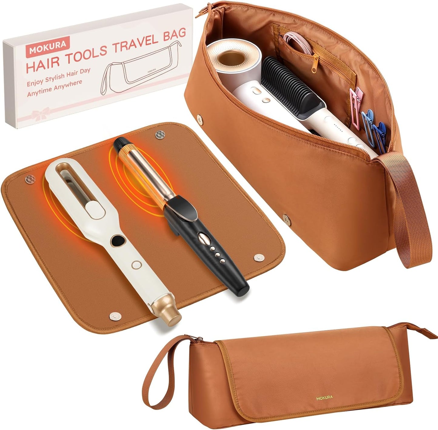 MOKURA Travel Hair Tools Organizer Bag - Heat Resistant Mat, Removable Storage Pouch for Curling Iron & Straightener | Black