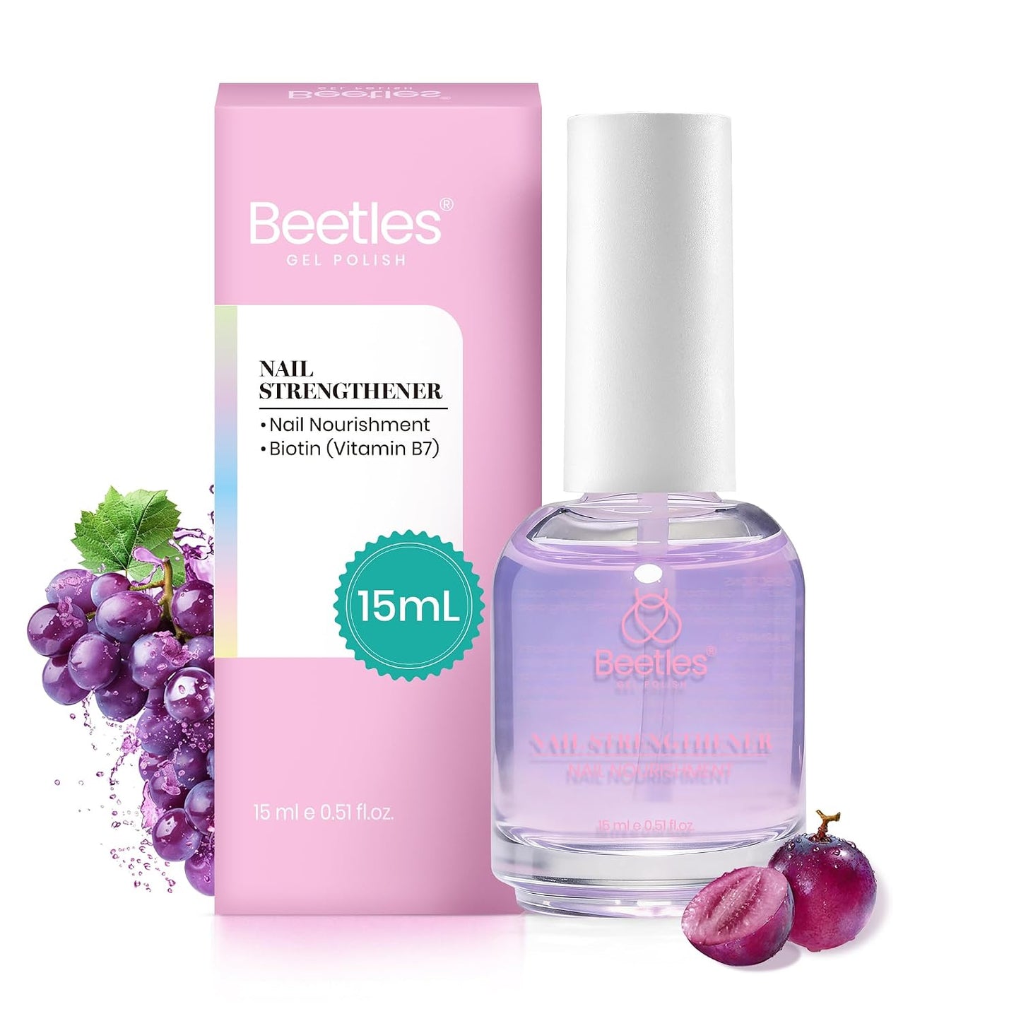 Beetles Nail Strengthener - Grape Nail Enhancer for Damaged Nails | 15ml Air Dry Polish for Natural Growth