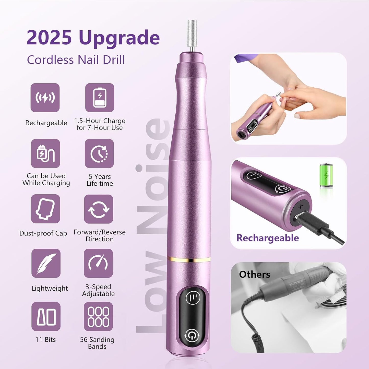Cordless Nail Drill Electric Nail File Kit - Rechargeable Efile Set | Portable Manicure & Pedicure Tool, 11 Bits, Purple