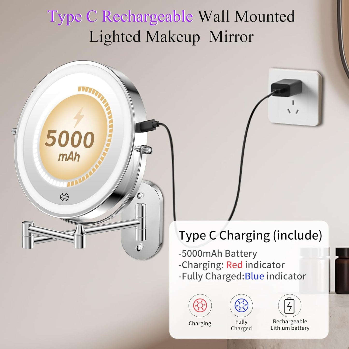 Rechargeable Wall Mounted Makeup Mirror with Lights - 3X/20X Magnification, 3 Color Options, Touch Dimmable, 360° Rotation