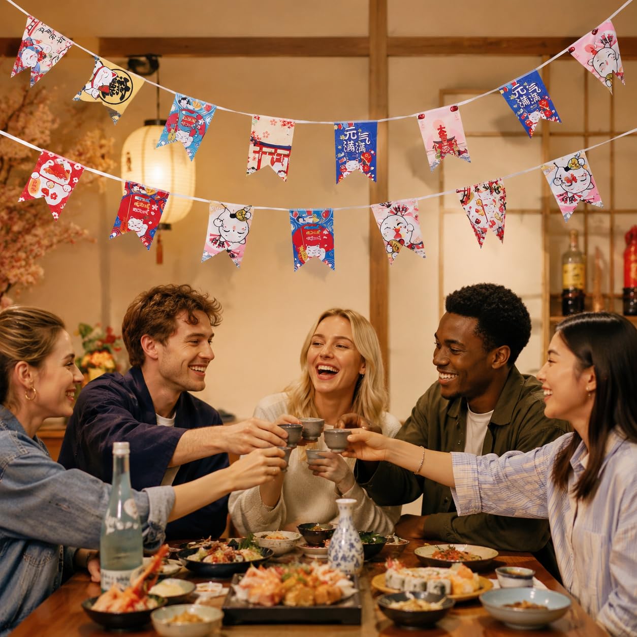 NOLITOY Japanese Lucky Cat Bunting Banner, 26 Feet 20 Flags Maneki Neko Decoration for Japanese Restaurant Decor & Sushi Bar Bunting Flags - Lucky Cat Party Decorations/Izakaya Hanging Ornament