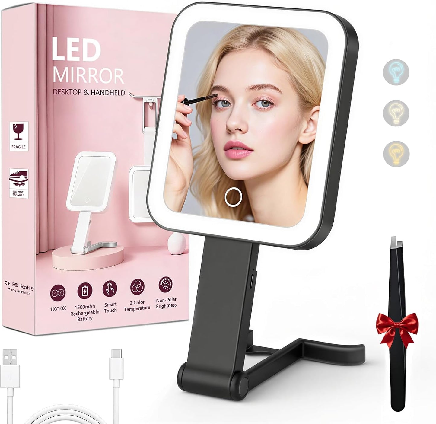 Rechargeable Travel Mirror with Lights - 10X/1X Double-Sided, 3 Color Lighting | Smart Touch Dimming, Precision Tweezers (10.3"x5.2")