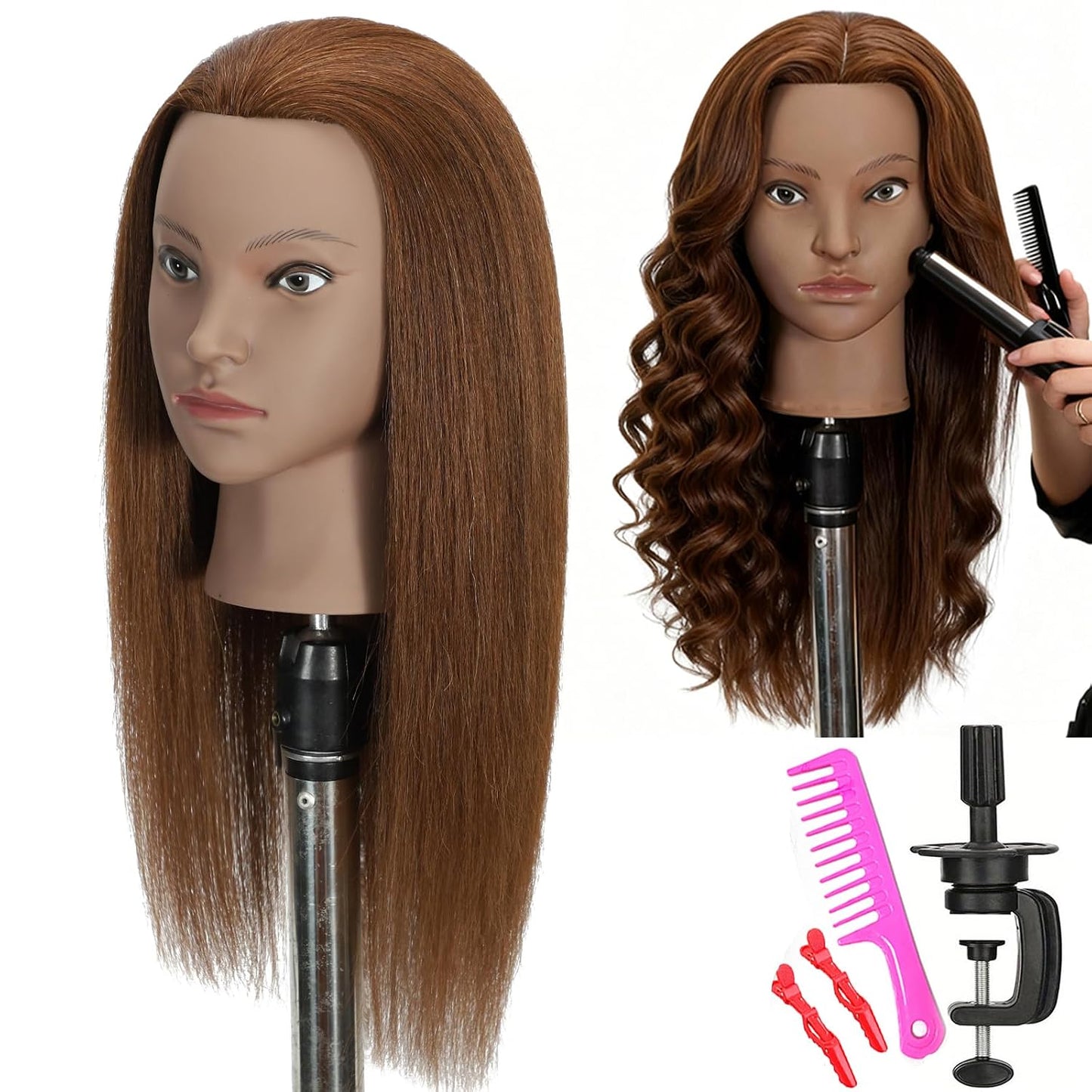 Mannequin Head - 100% Real Hair Cosmetology Training Doll | 20" Nature Brown with Clamp & Comb