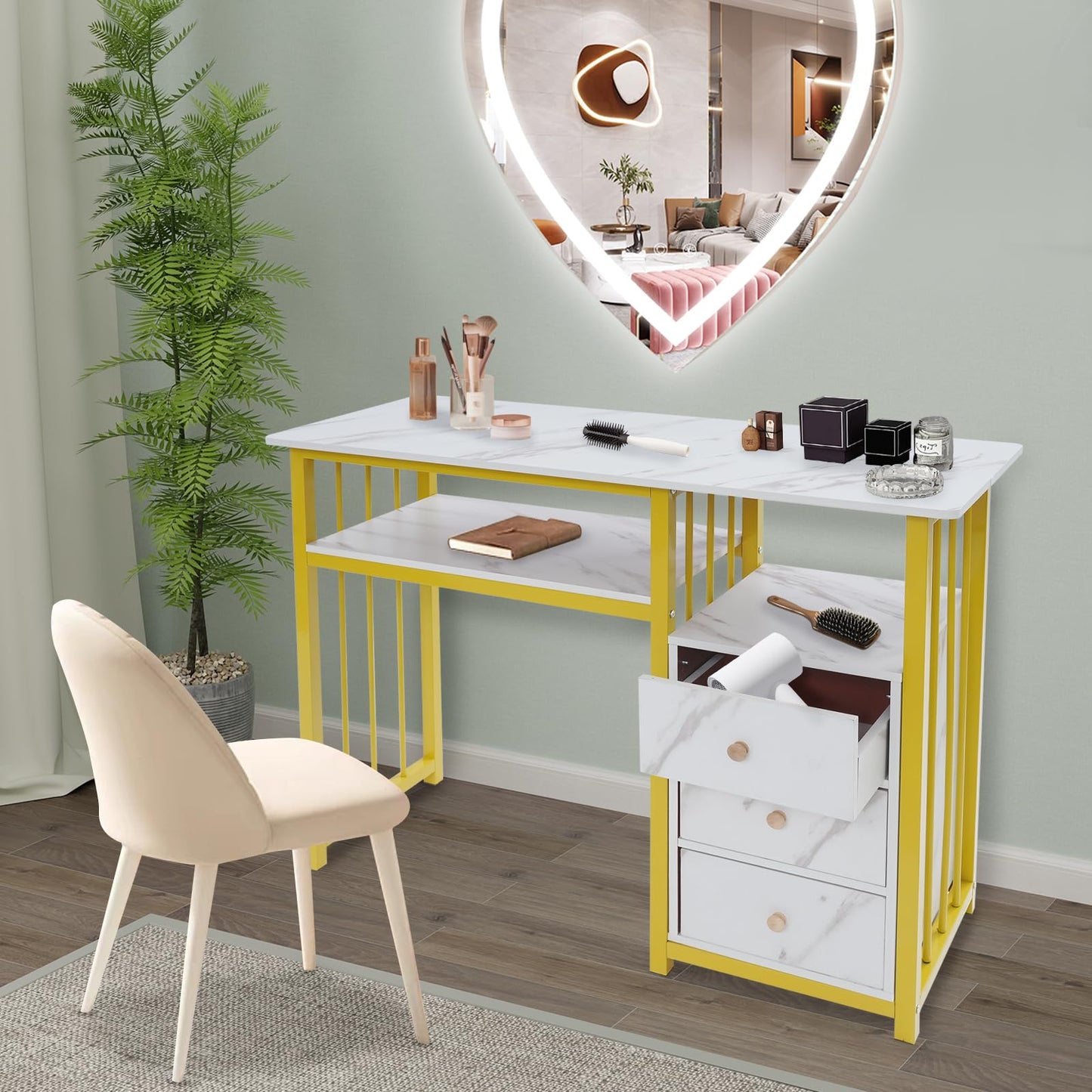 Mahugde Professional Fashionable Nail Desk, Marbling Texture Manicure Desk with 3 Drawers Nail Technician Workstation Manicure Table for Office Nail Salon Beauty Salon (39.37 * 15.75 * 29.92in)