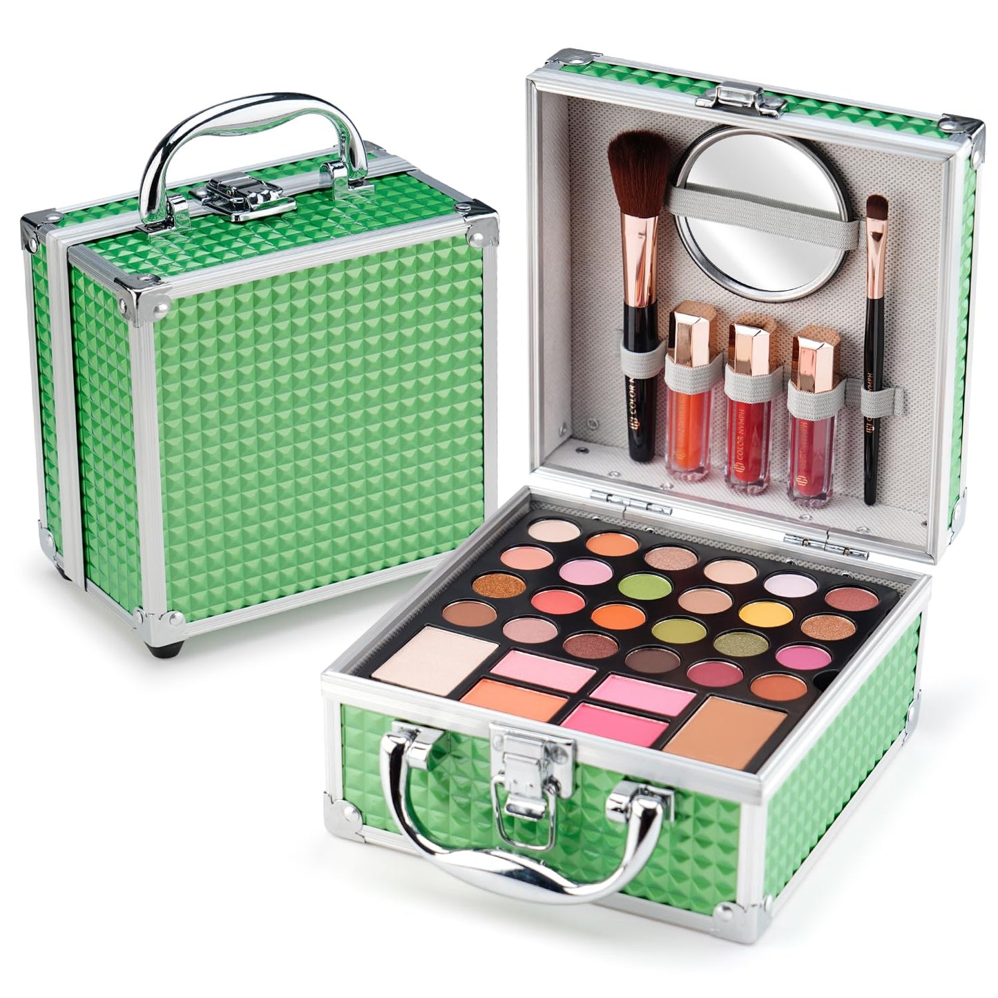 Beginner Makeup Kit for Teens - 24-Color Eyeshadow Palette, Blush, Bronzer & Brushes | Pink Cosmetic Train Case Included