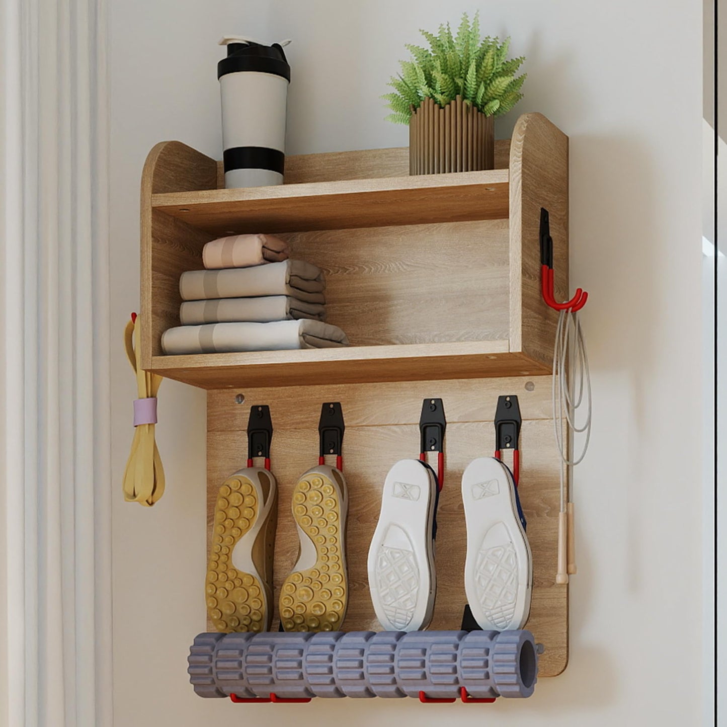 Skandiquip: Home Gym Organizer, Yoga Mat Storage Rack, Wall Mounted Peloton Accessories Shelf, Large Capacity for Shoes, Yoga Mats, Clothes, Towels, Gym Equipment,Natural Oak