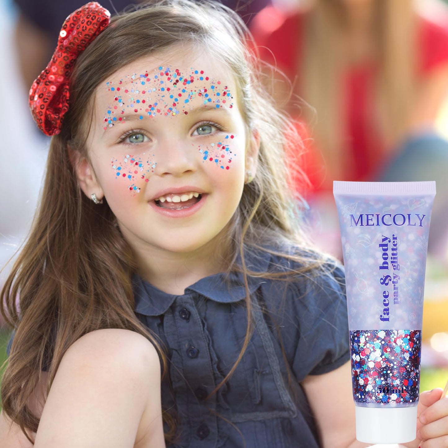 MEICOLY Red White and Blue Face Glitter,4th of July Patriotic Accessories,Star Hair Glitter for Kids,4th of July Outfits for Women,Self-Adhesive Body Glitter for President's Day Veterans Day
