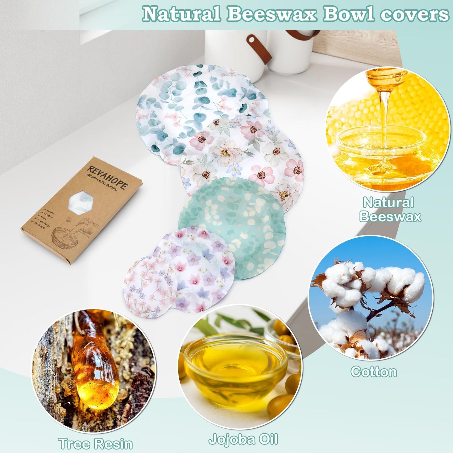 Revahope 5-Size Reusable Beeswax Elastic Bowl Covers for Bread Proofing, Cotton Cloth Flexible Beeswax Wraps for Sourdough Cover and Food Storage Shower Caps for Sourdough Bread Supplies Tools