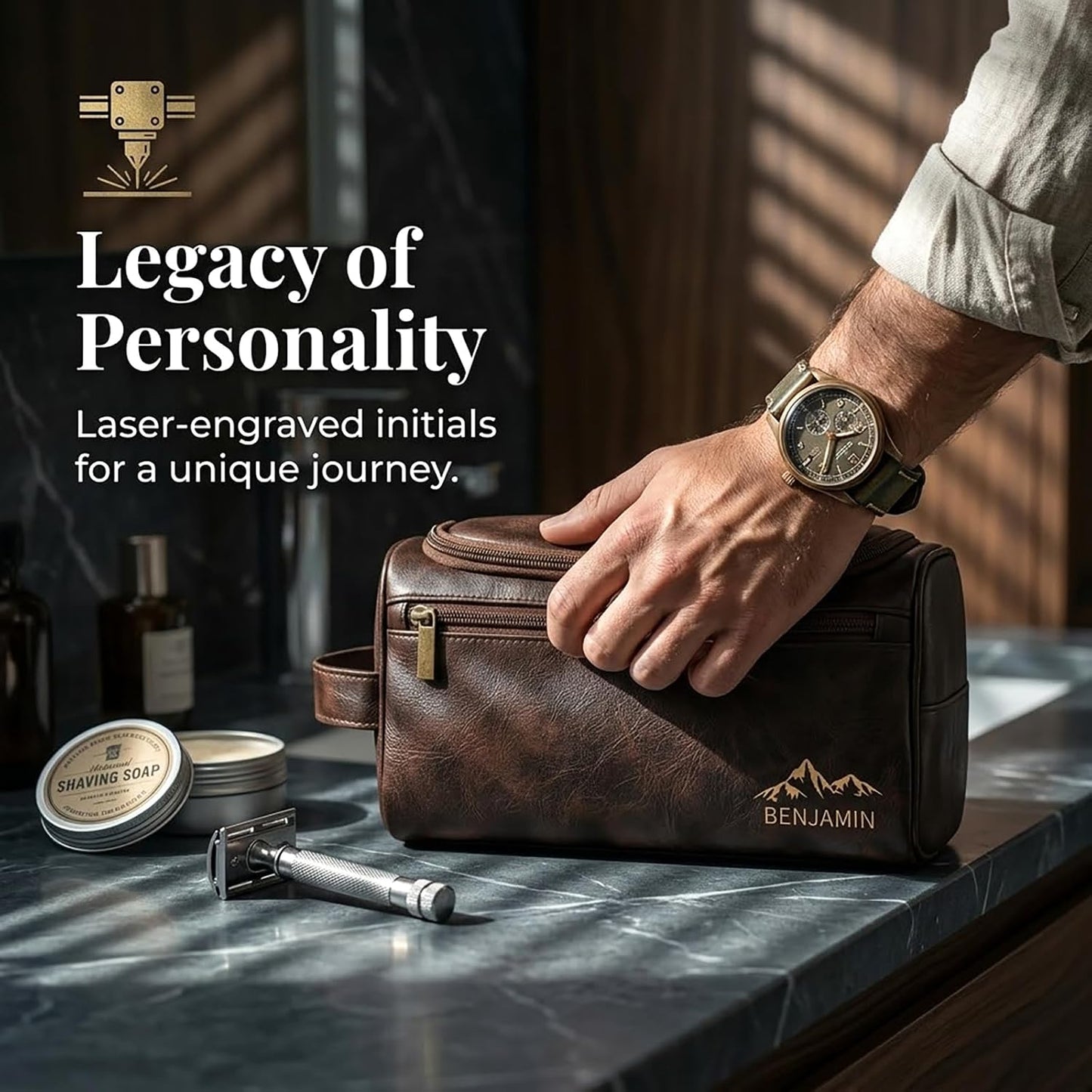 Personalized Leather Toiletry Bag for Men - Custom Engraved Travel Organizer | Groomsmen Gift (Coffee)