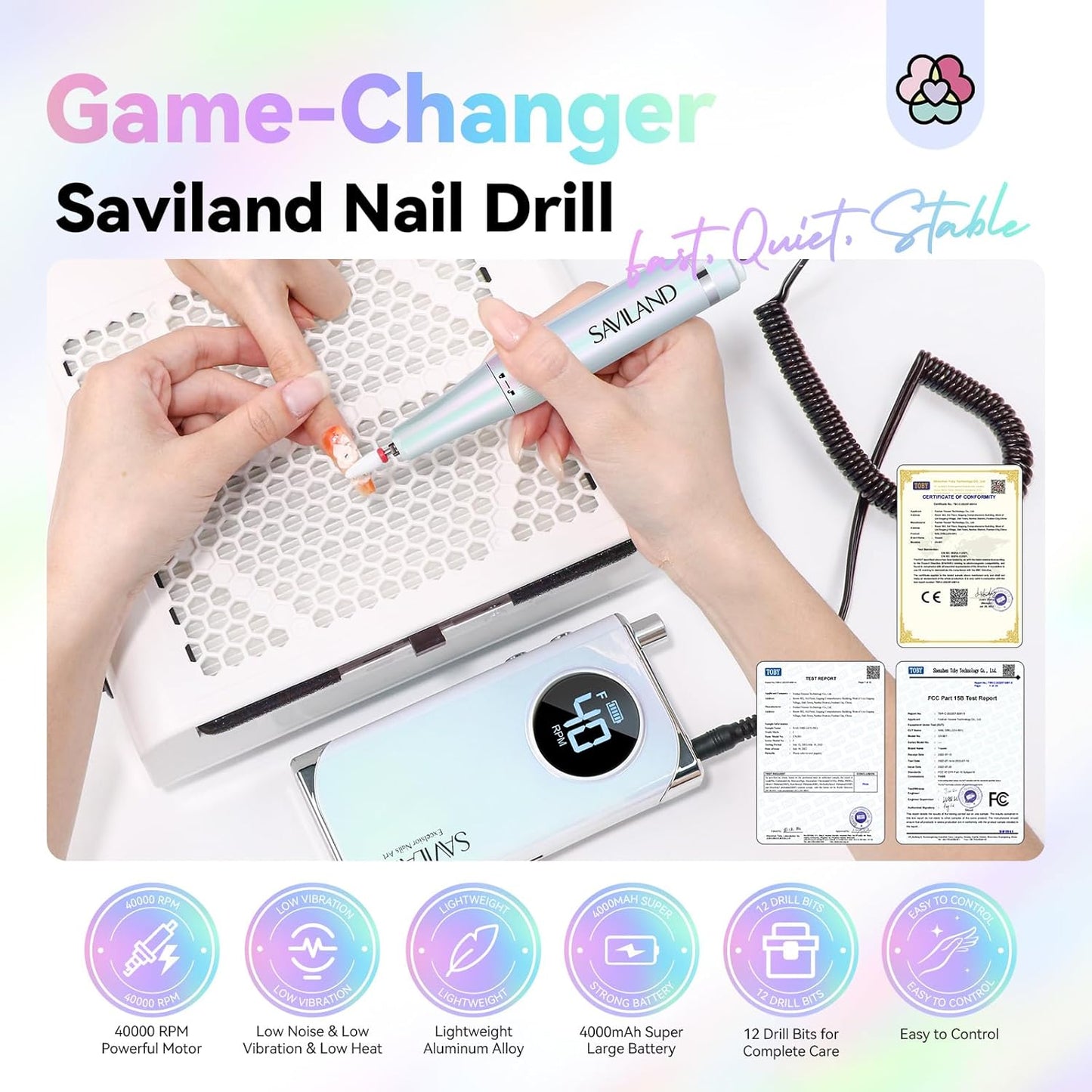 SAVILAND Nail Drill for Acrylic Nails - 40000RPM Rechargeable Electric File with 13 Bits | High Capacity 6000mAh