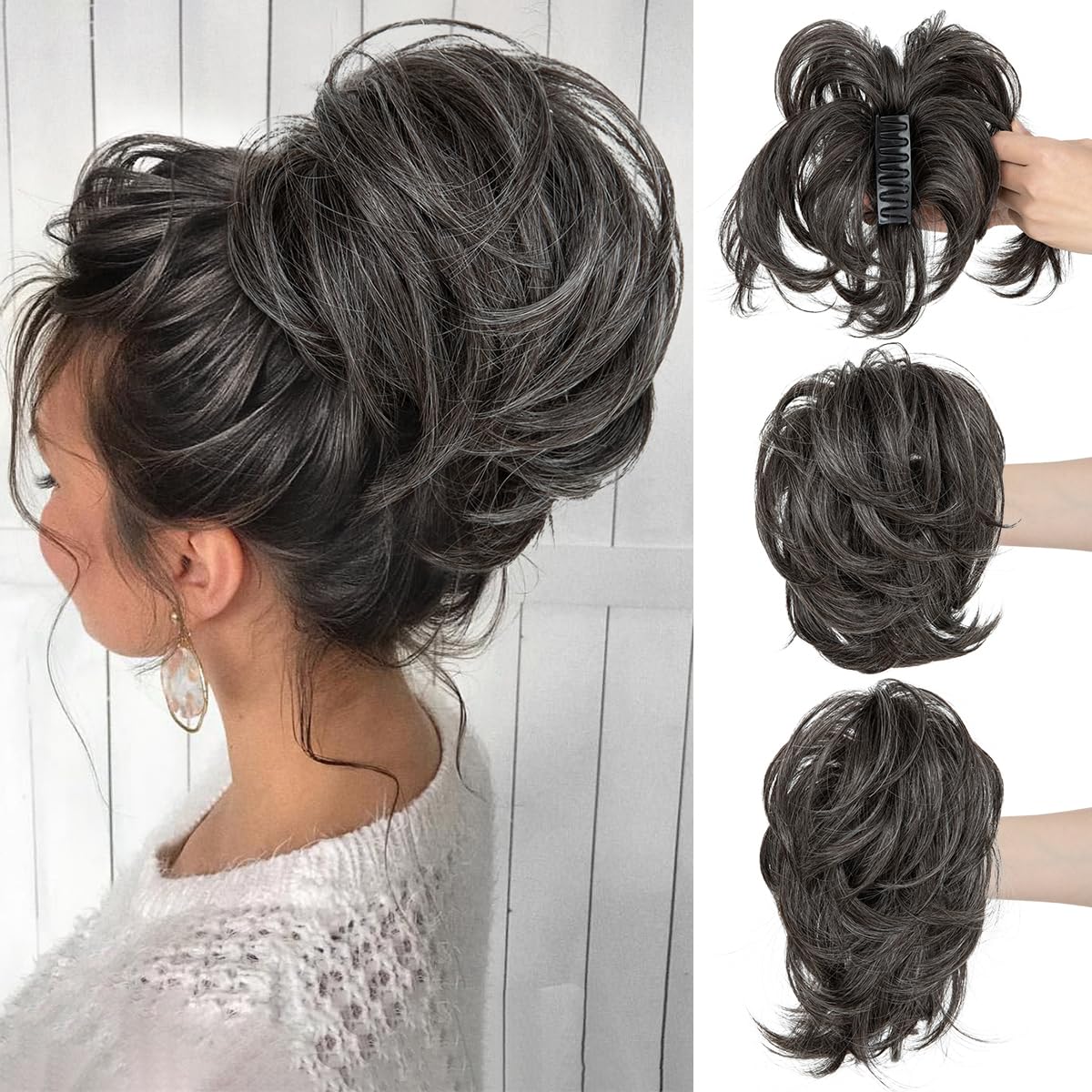 CJL Hair Claw Clip Short Ponytail Extensions - Bendable Metal Messy Bun Piece | Wavy Curly Synthetic Hair, Ash Grey