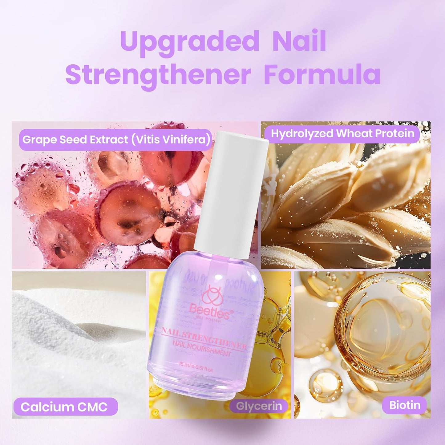 Beetles Nail Strengthener - Grape Nail Enhancer for Damaged Nails | 15ml Air Dry Polish for Natural Growth