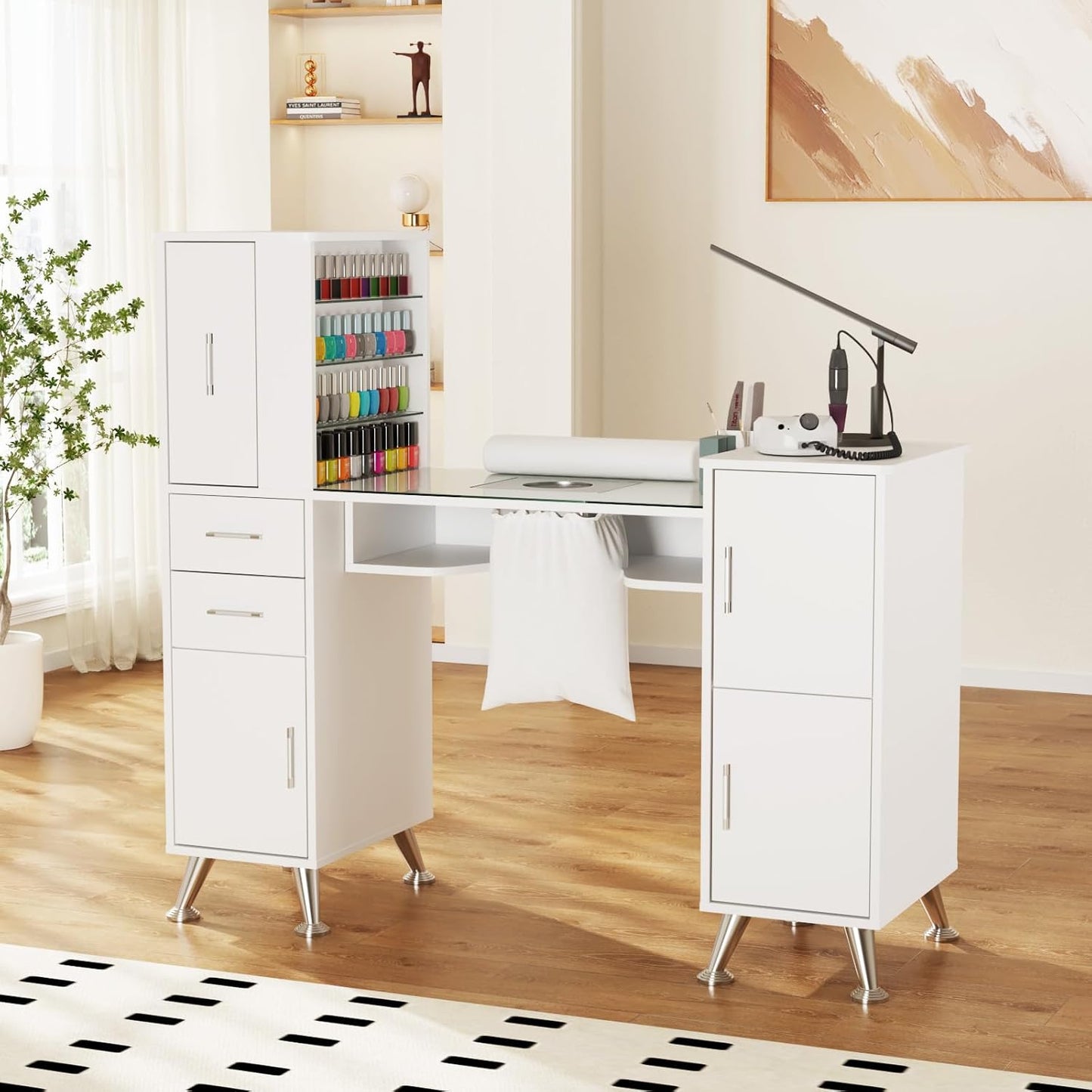 Manicure Table - Nail Station with Glass Top, Dust Collector & Storage Drawers | White Beauty Salon Workstation