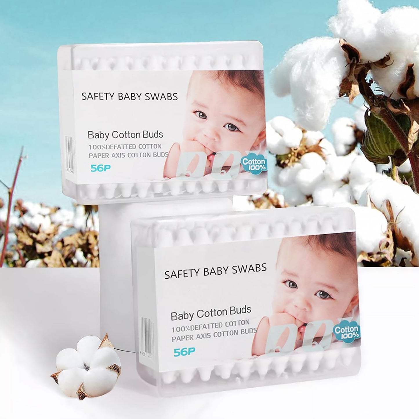 Organic Baby Cotton Swabs - Chlorine-Free & Biodegradable Q-tips | Hypoallergenic, Gentle for Newborns (220 Total)