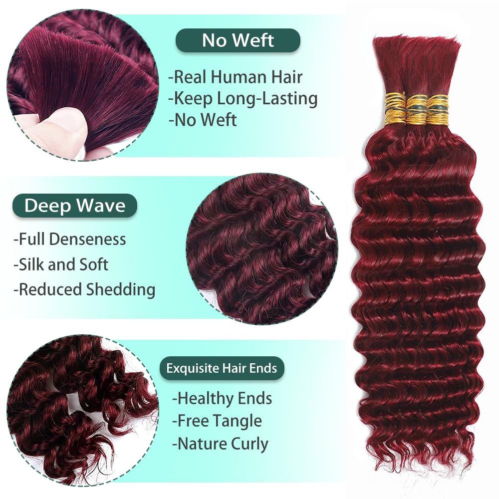99J Human Braiding Hair for Boho Braids 20 Inch Burgundy Deep Wave Bulk Human Hair Red Wet and Wavy Braids Extensions