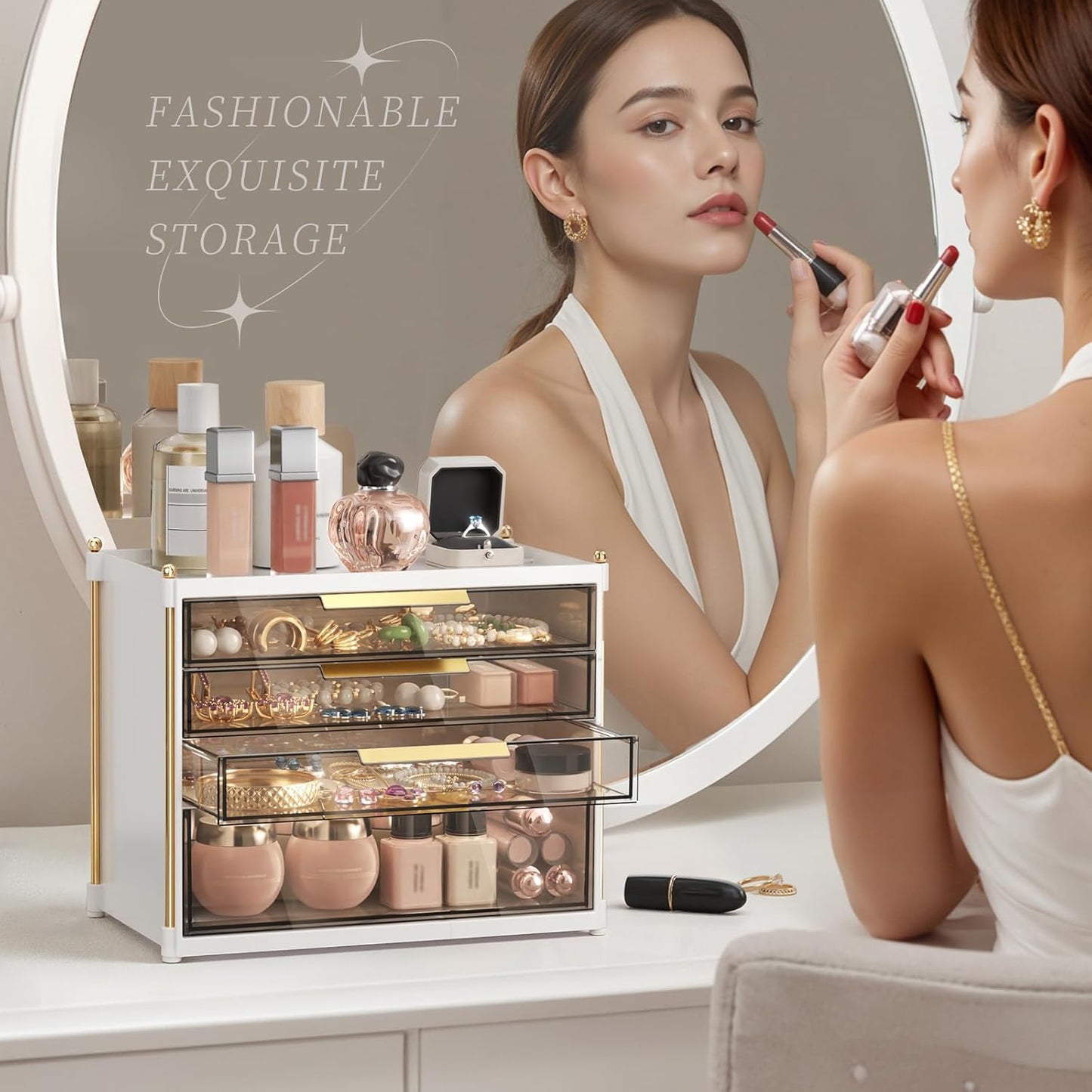 Aveniee 4-Drawer Makeup Organizer | Plastic Bathroom Storage for Cosmetics, Skincare & Jewelry - Gold