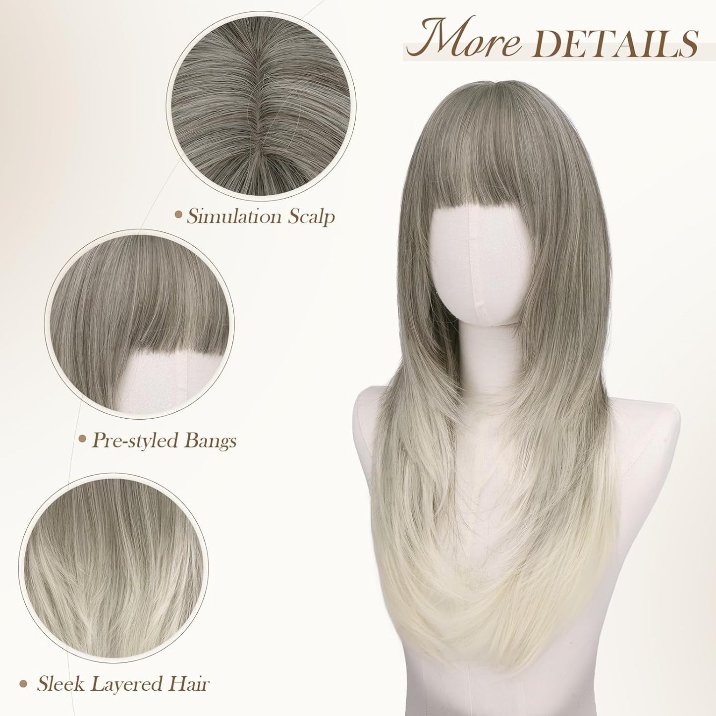 Straight Layered Wigs with Bangs for Women - Natural Synthetic 24-Inch Long Hair Wig for Daily Wear | Party Style