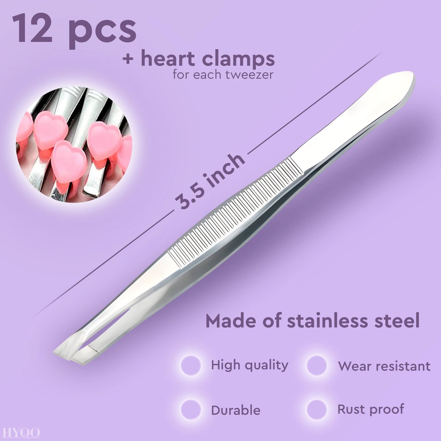 12 Pcs Eyebrow Tweezers for Women - 3.5" Stainless Steel Tweezers for Women Facial Hair with Slanted Tips & Heart Clamps - Mini Size for Brows, Facial and Chin Hair, Light-Duty Grooming & Self-Care