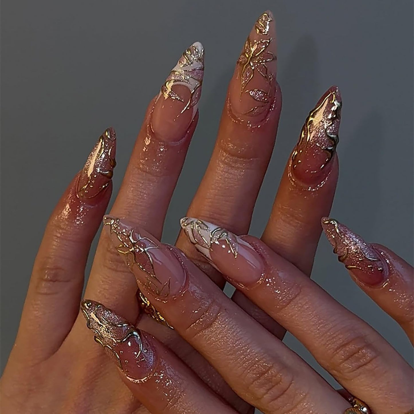 French Tip Press-On Nails - Short Square Floral Design with 3D Rhinestones | 24 Pcs Glossy Acrylic Set