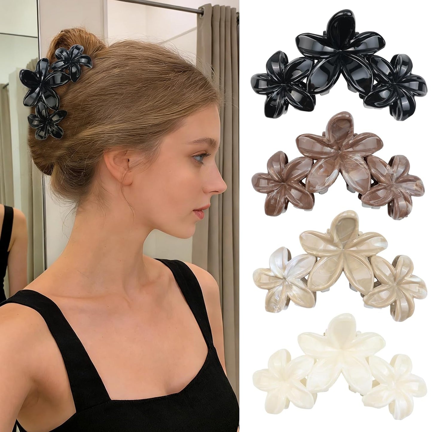 Cute Hawaiian Flower Claw Hair Clips - 4Pcs Large Clips for Thick or Thin Hair | Pink & Red Beach Accessories