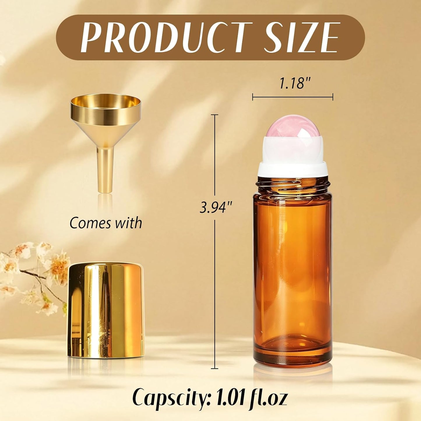 Rose Quartz Roller Bottle - 1oz Refillable Amber Glass for Essential Oils & Skincare | Leak-Proof with Gold Cap & Storage Bag
