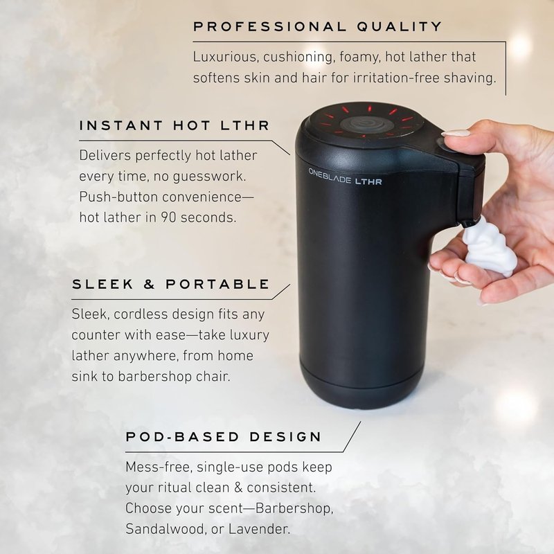 OneBlade LTHR Hot Lather Machine for Shaving, Cordless Rechargeable Barbershop Hot Shave Dispenser, 90-Second Heat-Up, Portable Lather Machine with LED Indicators, Water-Resistant, Includes 3oz Pod