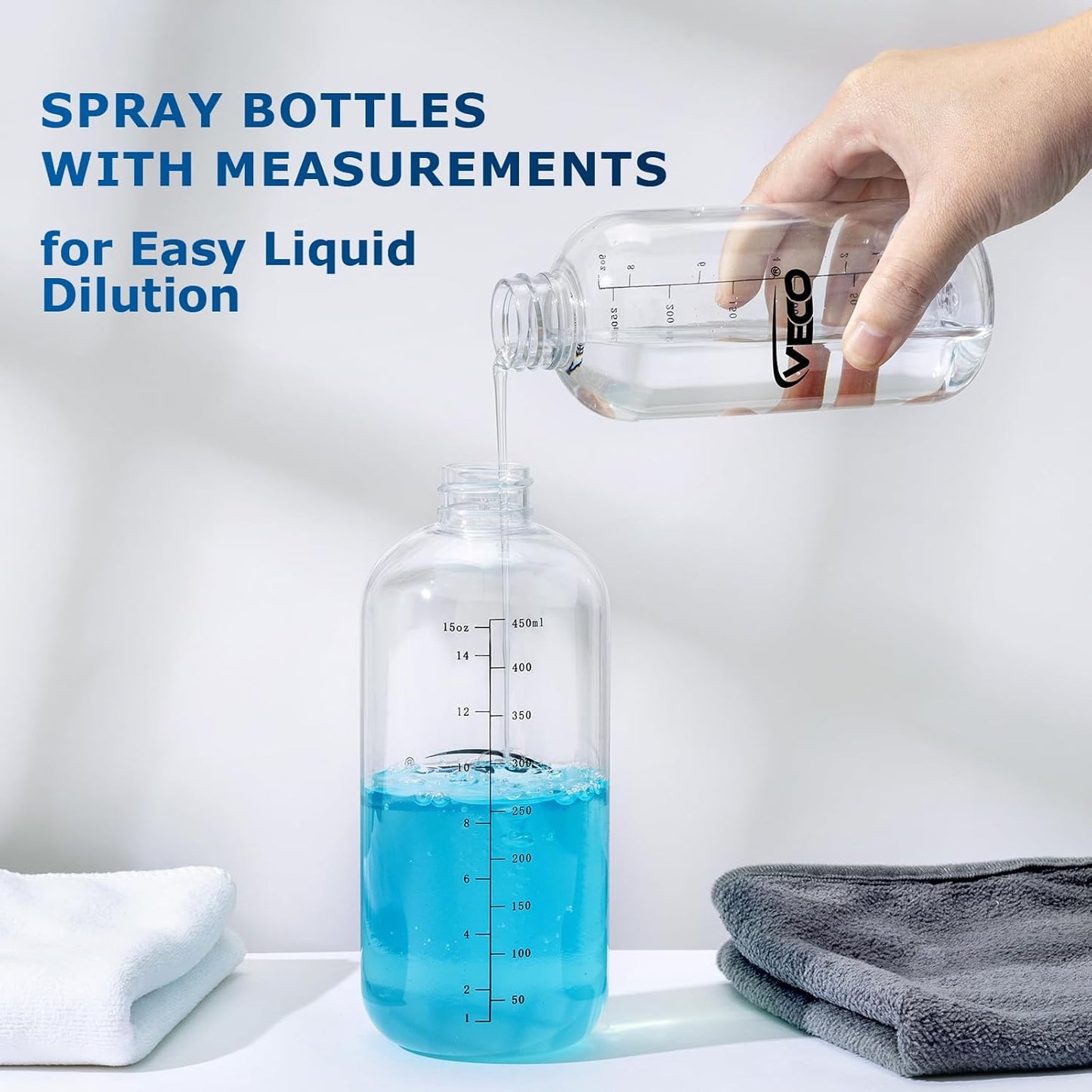 Veco Graduated Spray Bottles - 500mL (17oz) Leak-Resistant 360° Any-Angle Spraying | Perfect for Cleaning, Plants, Hair & Pets